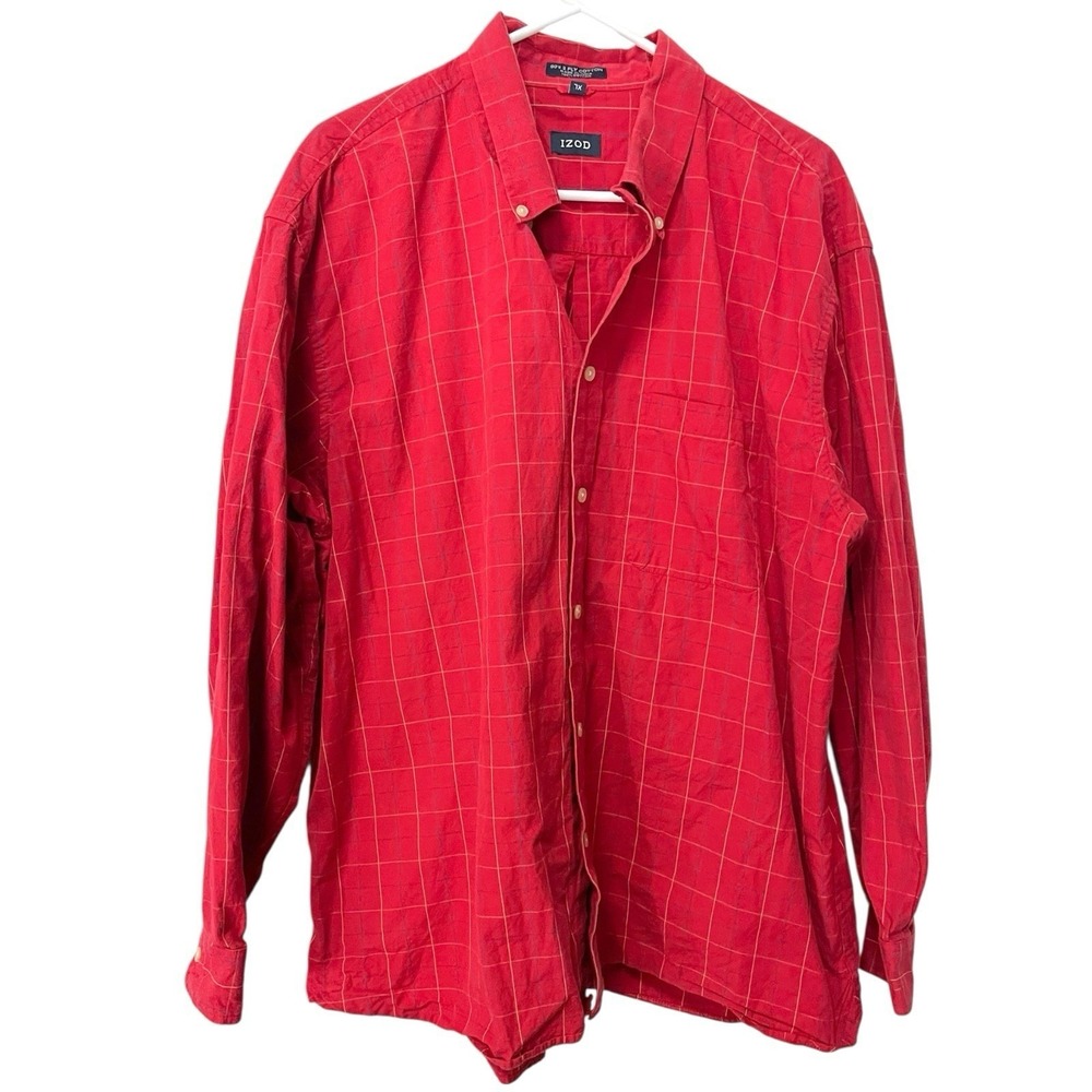 IZOD 1X Red Button Down Shirt Windowpane Check Long Sleeve Preppy Academic
